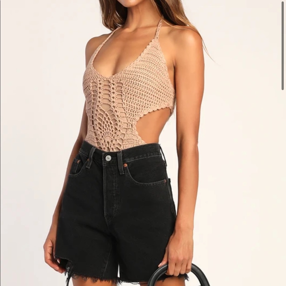Lulus Summer Escape Beige Crochet Cutout Sleeveless Bodysuit NWT